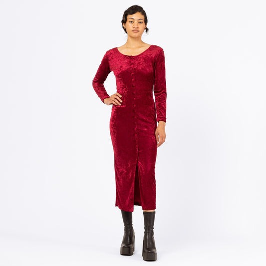 Vintage 90s Wine Red Crushed Velvet Midi Dress - Small | Long Sleeve Bodycon Party Dress, Grunge Button Front Dress