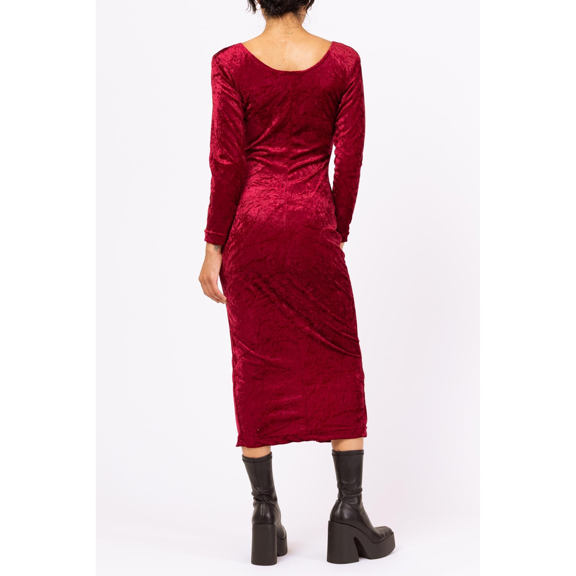 Vintage 90s Wine Red Crushed Velvet Midi Dress - Small | Long Sleeve Bodycon Party Dress, Grunge Button Front Dress