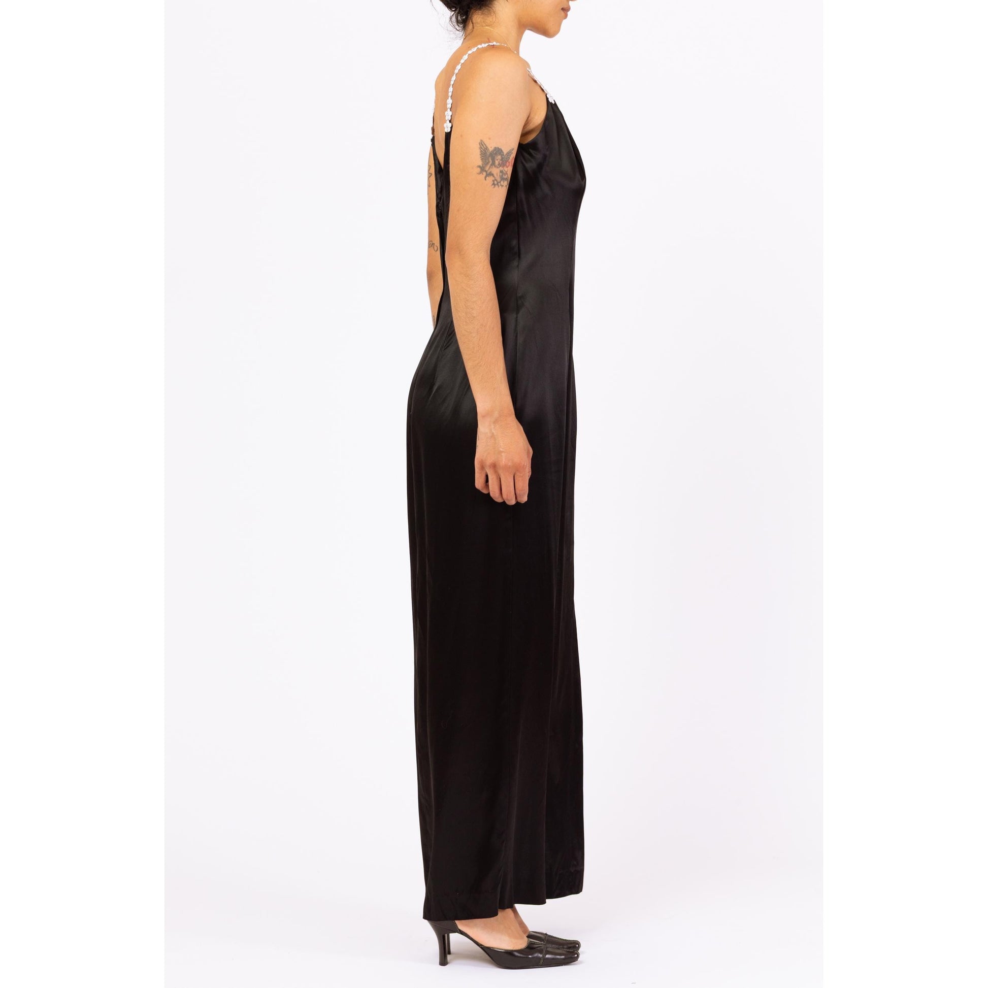 Vintage 90s Jessica McClintock Black Satin Flower Strap Maxi Dress - Medium | Formal Evening Gown, Spaghetti Strap High Slit Party Dress
