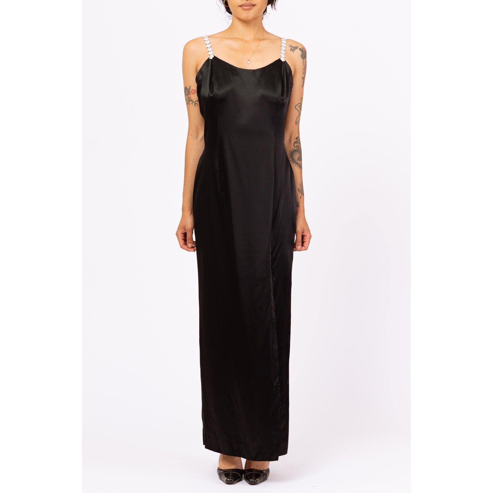 Vintage 90s Jessica McClintock Black Satin Flower Strap Maxi Dress - Medium | Formal Evening Gown, Spaghetti Strap High Slit Party Dress