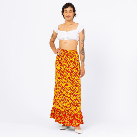 Vintage 70s Boho Flower Power Maxi Skirt - Small, 26" Waist | Yellow & Red Floral Long Summer Skirt, High Waist Cottagecore Skirt