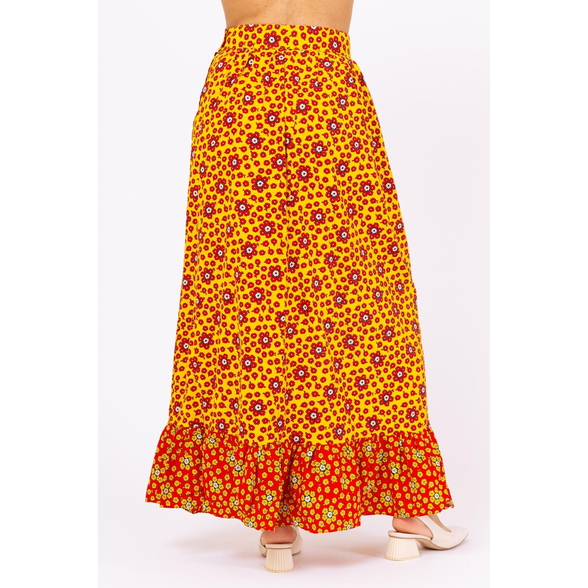 Vintage 70s Boho Flower Power Maxi Skirt - Small, 26" Waist | Yellow & Red Floral Long Summer Skirt, High Waist Cottagecore Skirt