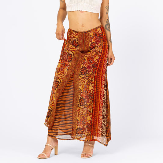 Vintage 90s René Derhy Earth Tone Floral Layered Maxi Skirt - Medium | Boho A Line Red & Yellow Split Panel Long Summer Skirt