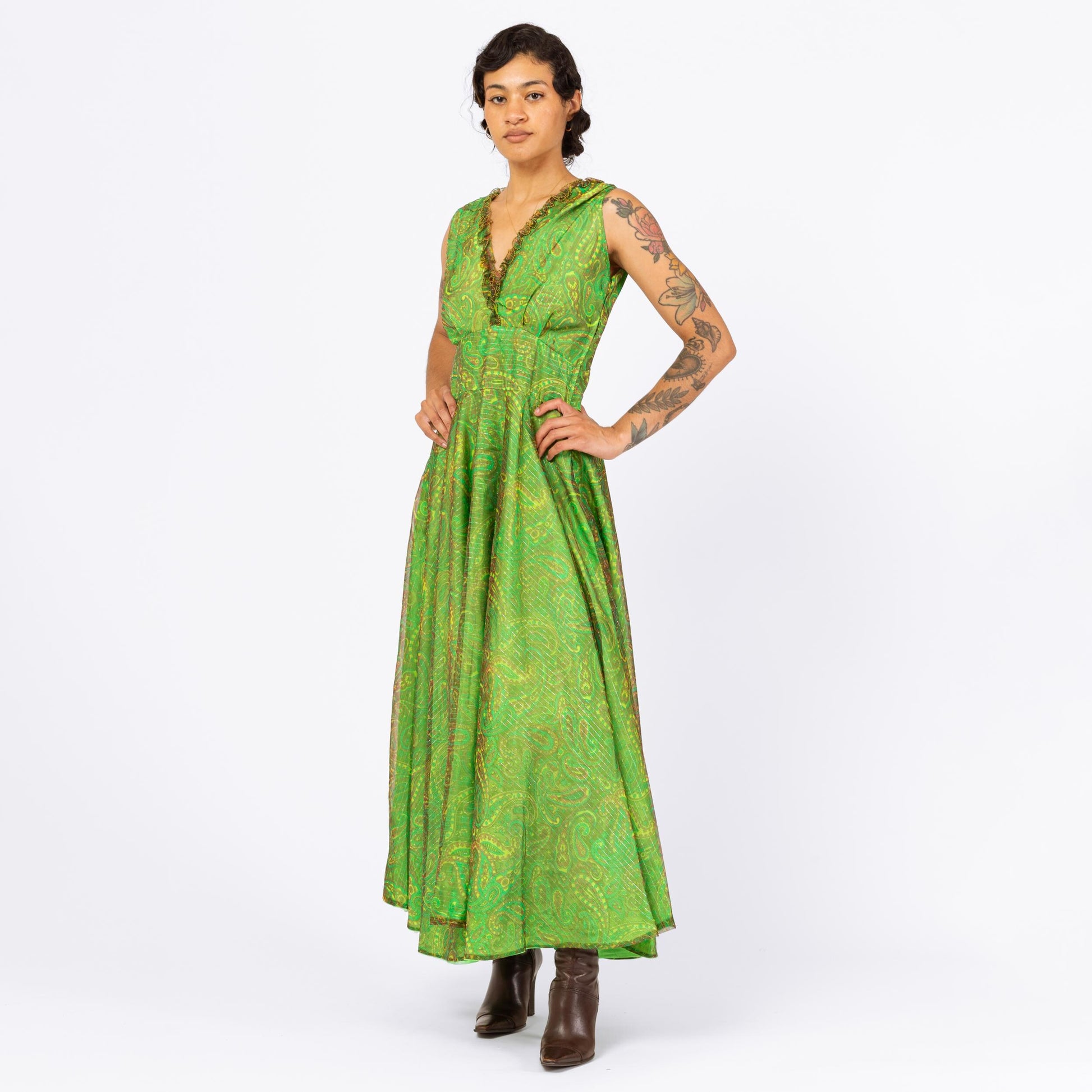 Vintage 60s Boho Green Metallic Paisley Print Maxi Gown - Medium | Paisley Print Sleeveless V Neck Fit & Flare Chiffon Party Dress