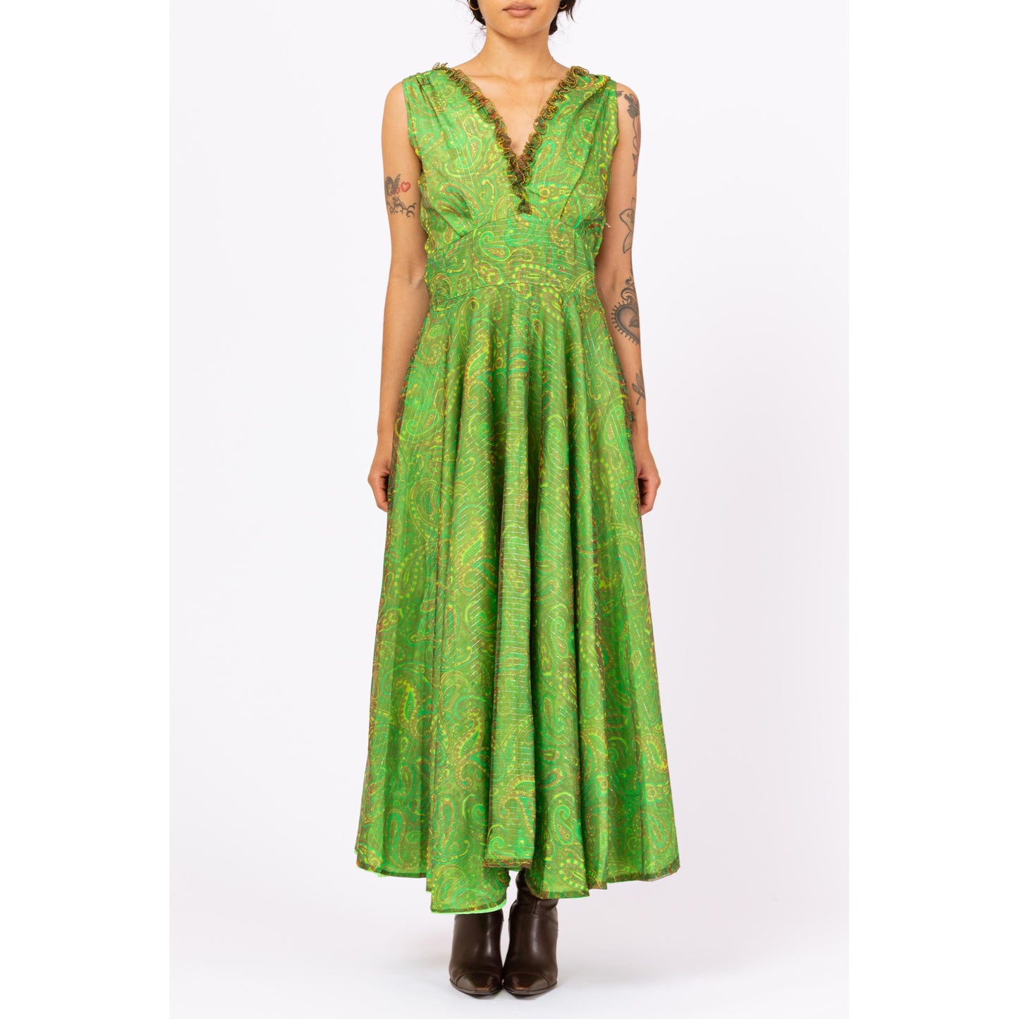 Vintage 60s Boho Green Metallic Paisley Print Maxi Gown - Medium | Paisley Print Sleeveless V Neck Fit & Flare Chiffon Party Dress
