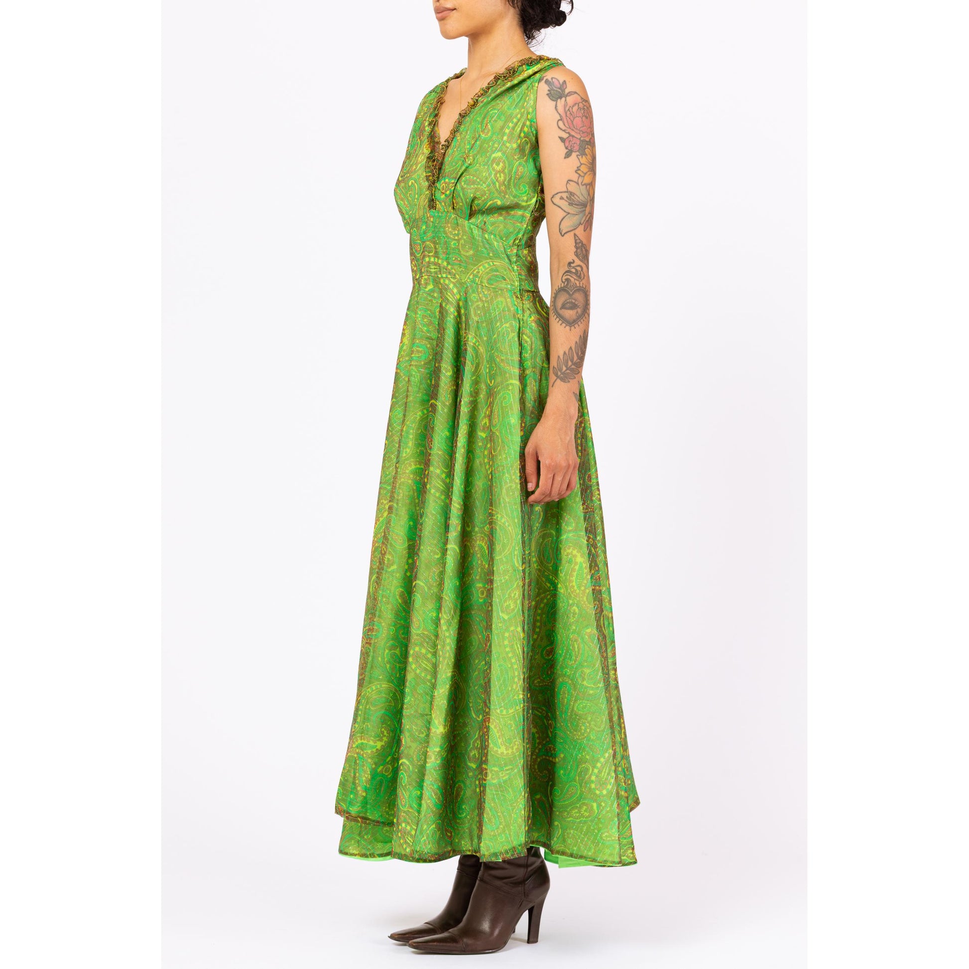 Vintage 60s Boho Green Metallic Paisley Print Maxi Gown - Medium | Paisley Print Sleeveless V Neck Fit & Flare Chiffon Party Dress