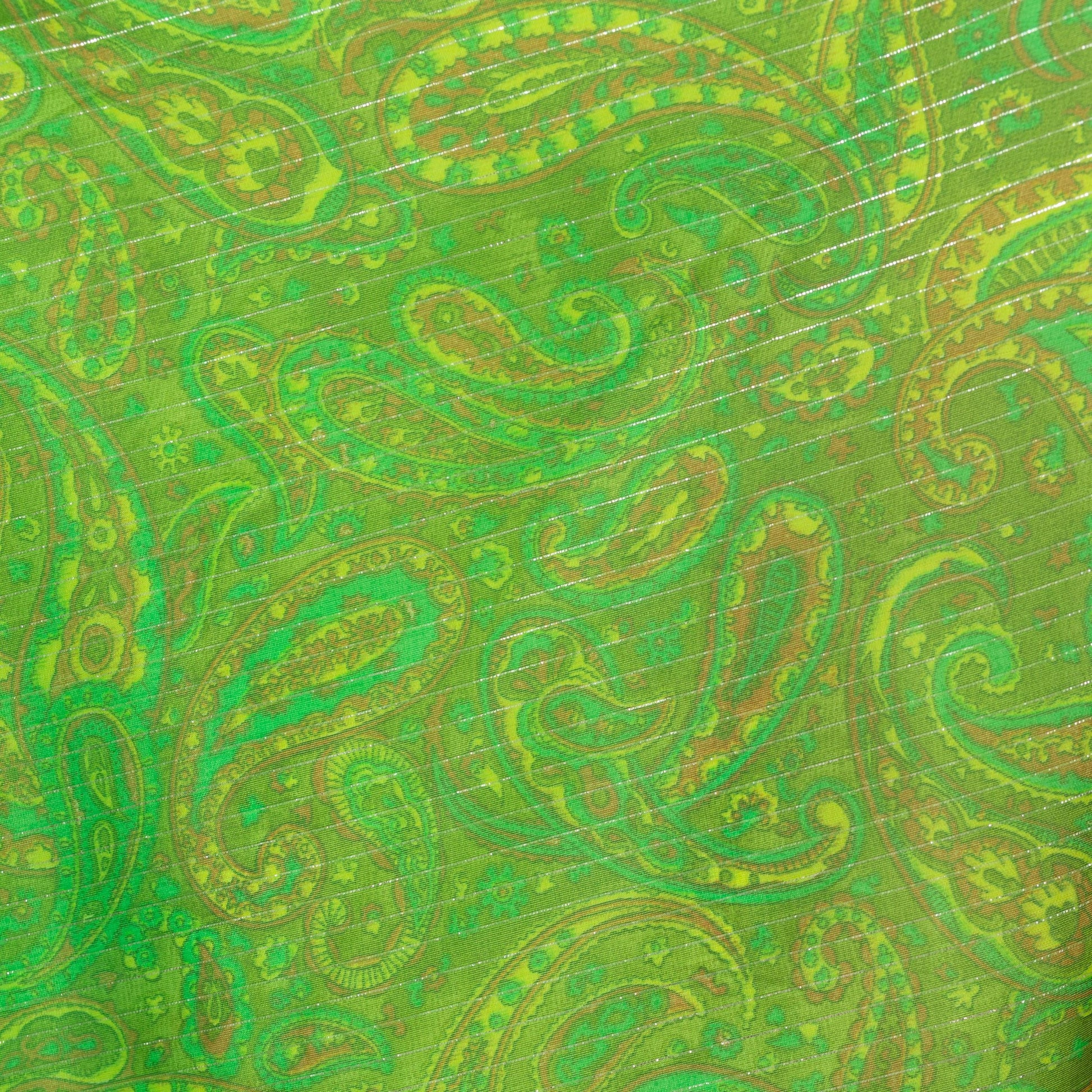 Vintage 60s Boho Green Metallic Paisley Print Maxi Gown - Medium | Paisley Print Sleeveless V Neck Fit & Flare Chiffon Party Dress