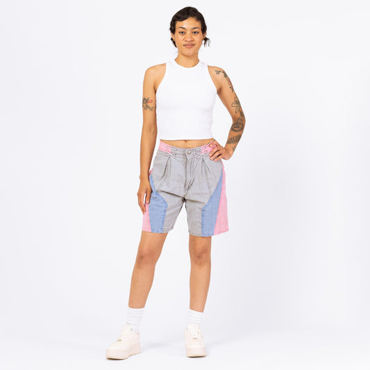 Vintage 90s Color Block Streetwear Shorts - Medium, 28" Waist | Zeppelin Pastel Cotton Pleated Lace Up Wide Leg Surf Shorts