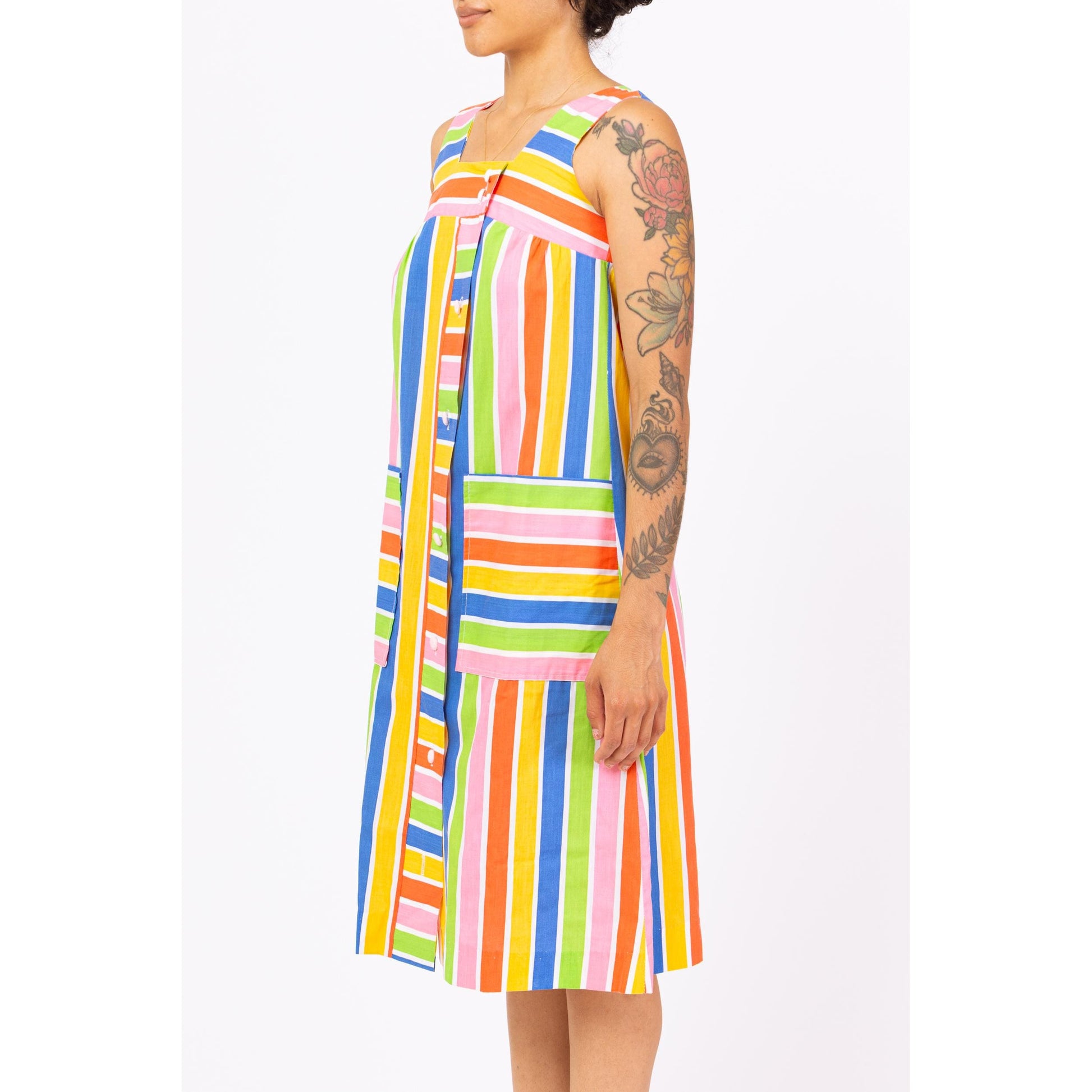 Vintage 60s Rainbow Striped Midi House Dress - Petite XS | Retro Sleeveless A-Line Tank Loungewear Dress, Button Up Pocket Sundress