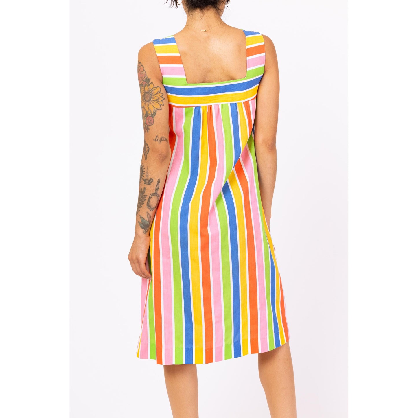 Vintage 60s Rainbow Striped Midi House Dress - Petite XS | Retro Sleeveless A-Line Tank Loungewear Dress, Button Up Pocket Sundress
