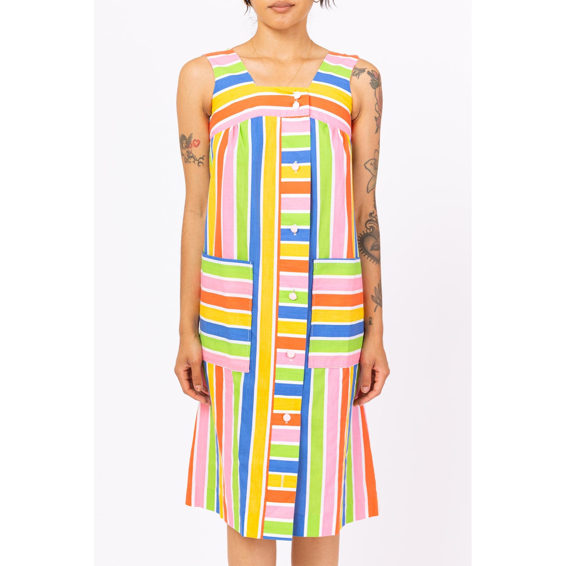 Vintage 60s Rainbow Striped Midi House Dress - Petite XS | Retro Sleeveless A-Line Tank Loungewear Dress, Button Up Pocket Sundress