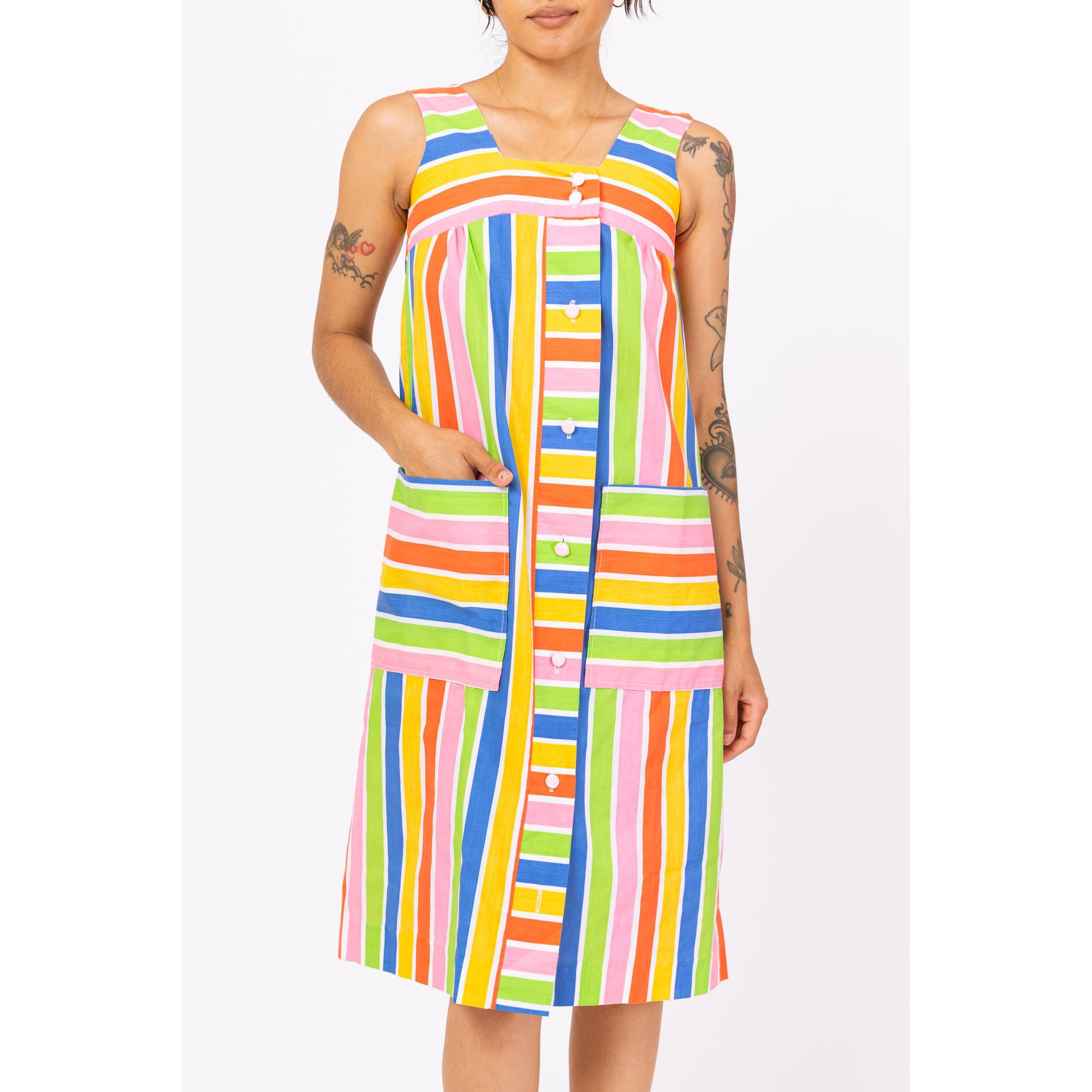 Vintage 60s Rainbow Striped Midi House Dress - Petite XS | Retro Sleeveless A-Line Tank Loungewear Dress, Button Up Pocket Sundress