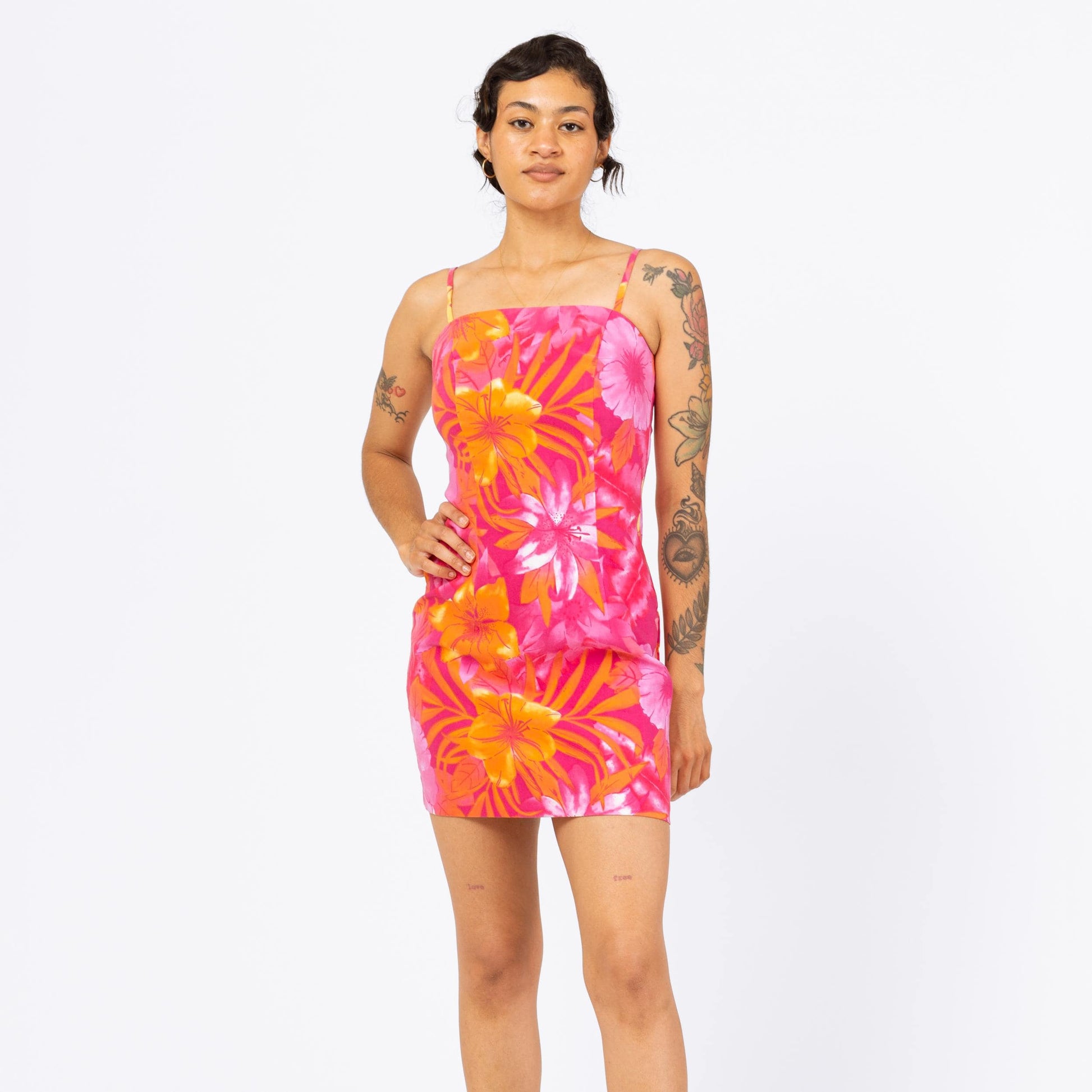 Vintage 90s Pink & Orange Tropical Floral Mini Dress - Extra Small Flying Apple Vintage Vintage 90s Pink & Orange Tropical Floral Mini Dress - Extra Small Flying Apple Vintage