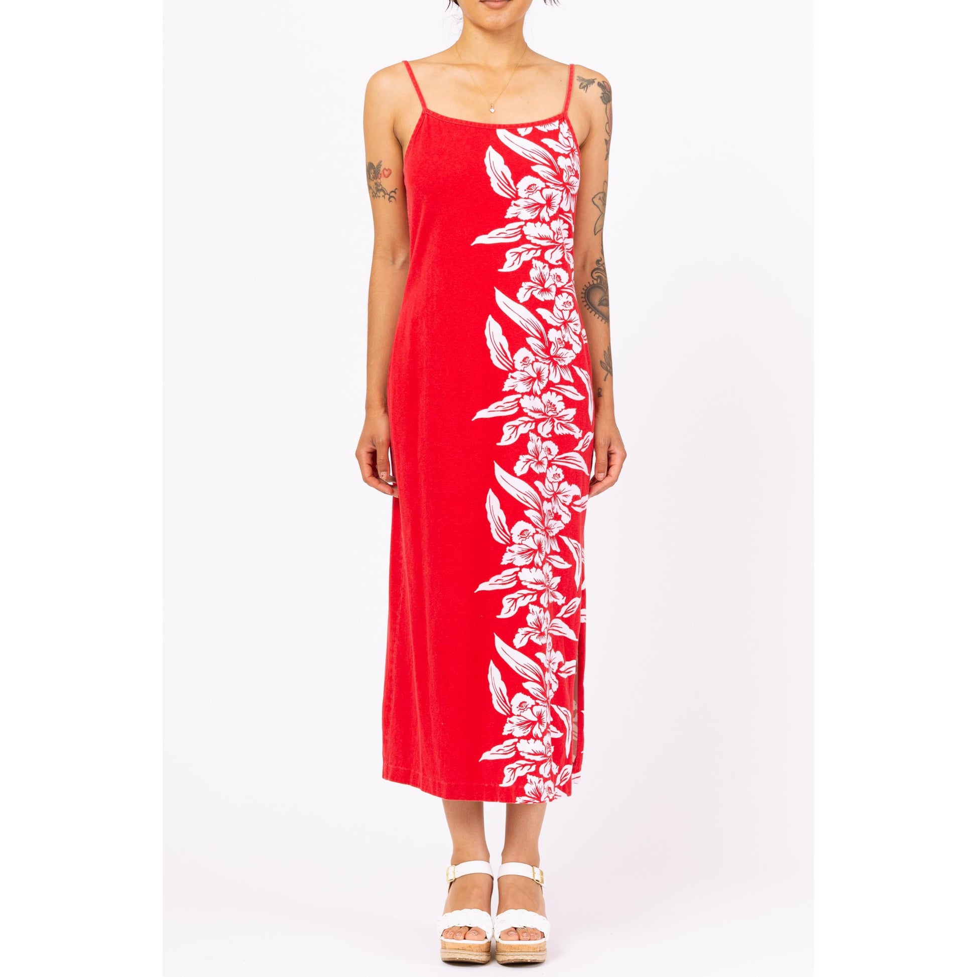 Vintage 90s Red & White Tropical Floral Maxi Dress - Small | Boho Beach Vacation Long Summer Dress, Spaghetti Strap Hawaiian Sundress