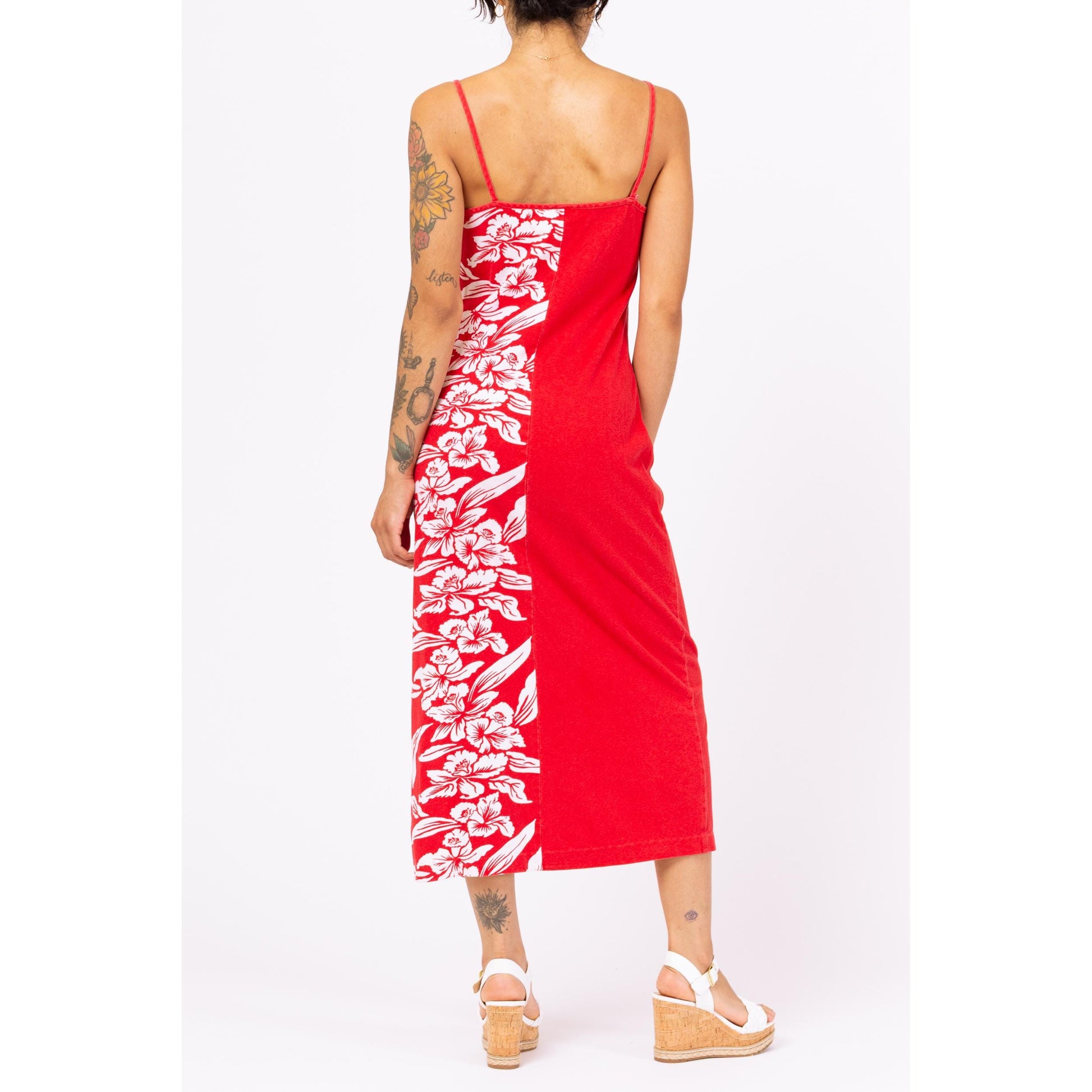 Vintage 90s Red & White Tropical Floral Maxi Dress - Small | Boho Beach Vacation Long Summer Dress, Spaghetti Strap Hawaiian Sundress