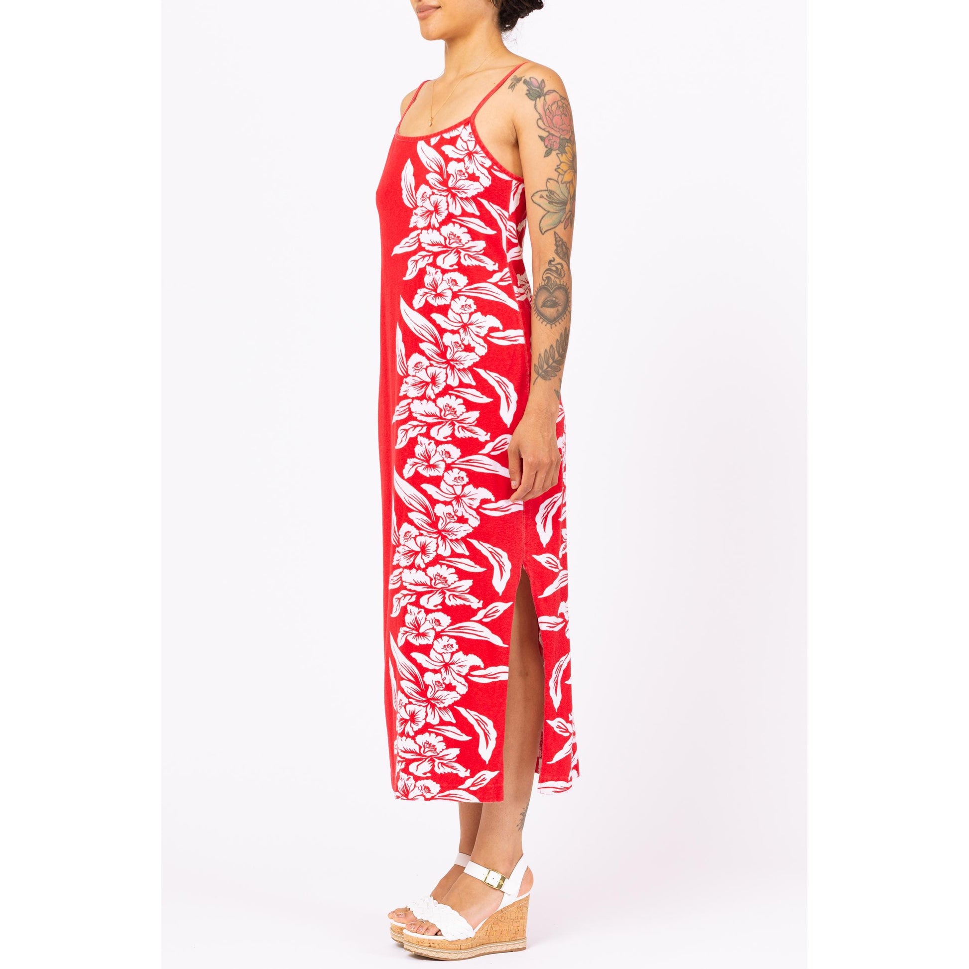 Vintage 90s Red & White Tropical Floral Maxi Dress - Small | Boho Beach Vacation Long Summer Dress, Spaghetti Strap Hawaiian Sundress