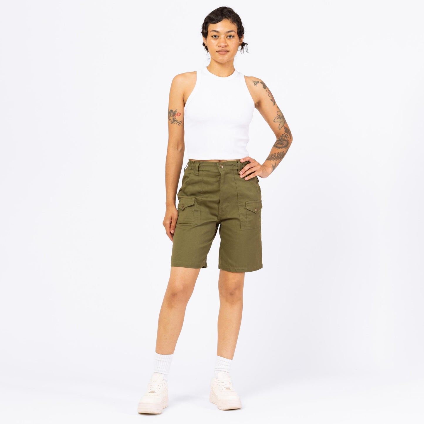 Vintage 80s Boy Scout Uniform Cargo Shorts - XS to Small, 23"-26" Waist | Olive Green High Waisted Utility Long Inseam Bermuda Shorts