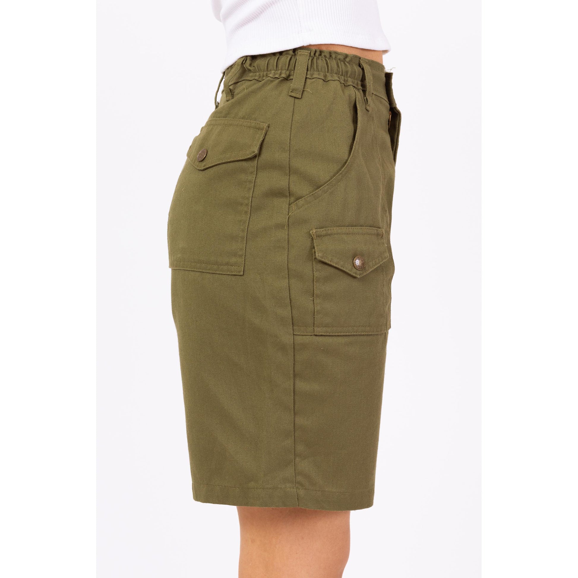 Vintage 80s Boy Scout Uniform Cargo Shorts - XS to Small, 23"-26" Waist | Olive Green High Waisted Utility Long Inseam Bermuda Shorts