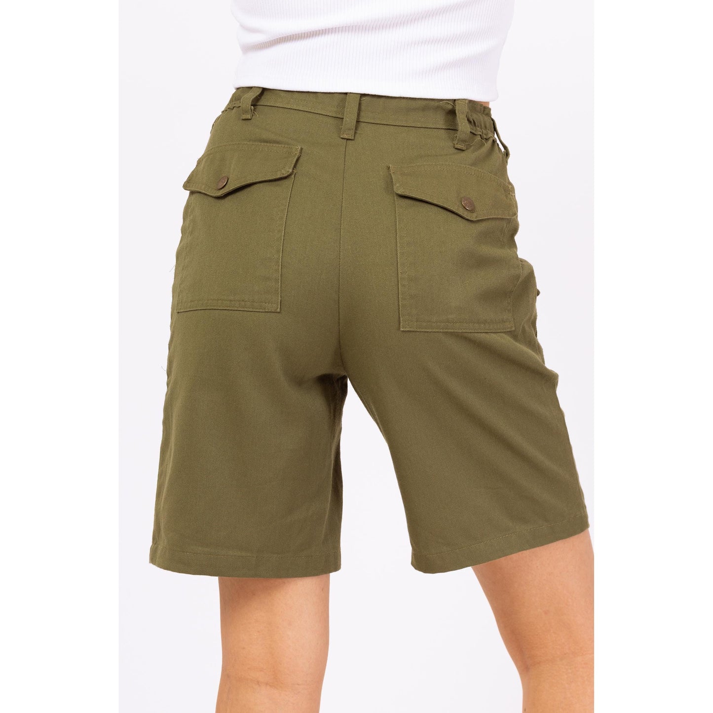 Vintage 80s Boy Scout Uniform Cargo Shorts - XS to Small, 23"-26" Waist | Olive Green High Waisted Utility Long Inseam Bermuda Shorts