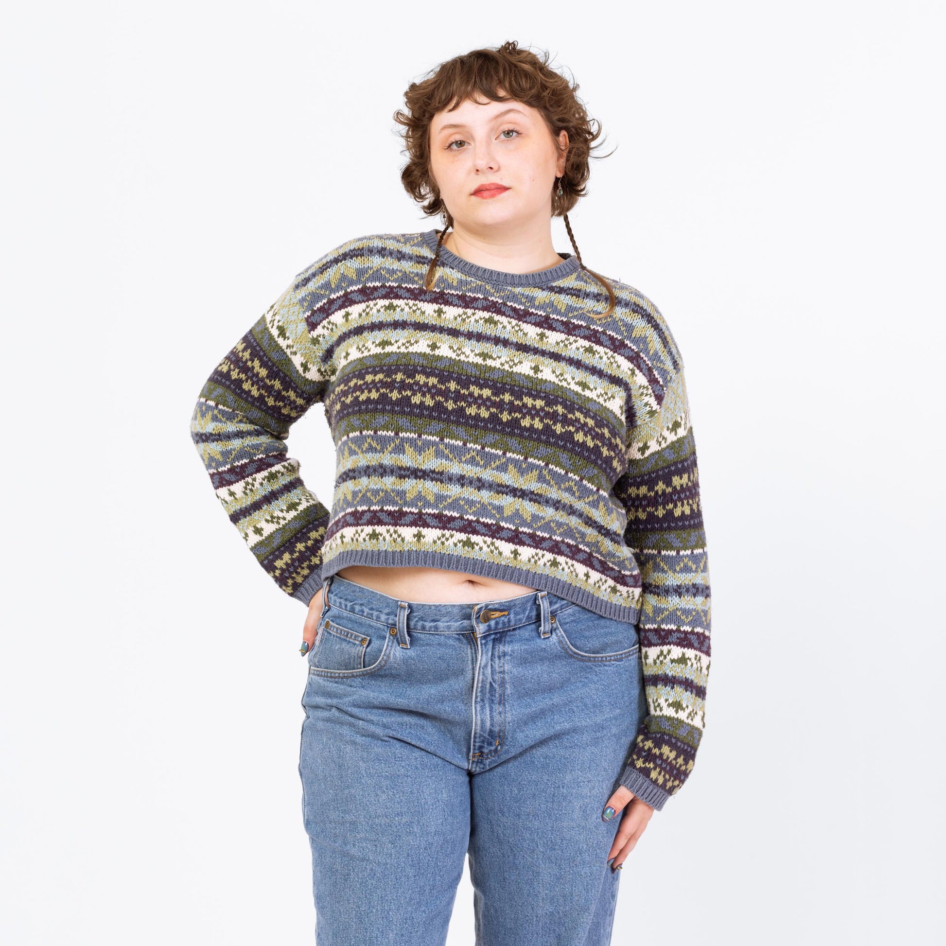 Vintage 90s Eddie Bauer Fair Isle Cropped Sweater - Large | Soft Cotton Knit Grunge Pullover, Slouchy Boxy Fit Jumper
