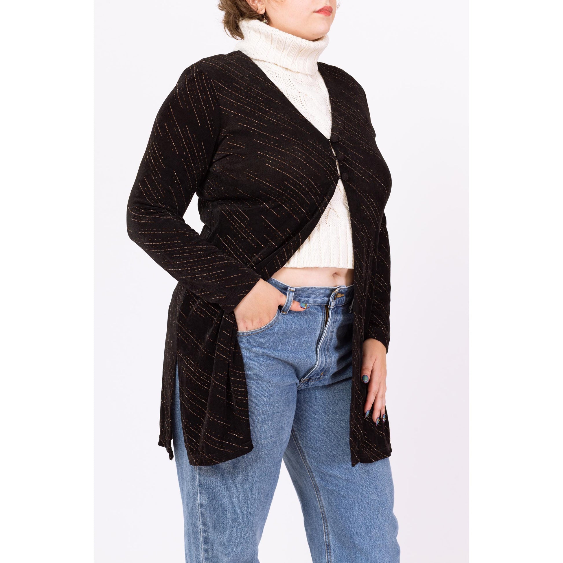 Vintage 90s Black Metallic Striped Slinky Overshirt - Extra Large | Stretchy Long Sleeve Button Front Longline Open Front Cardigan Blouse