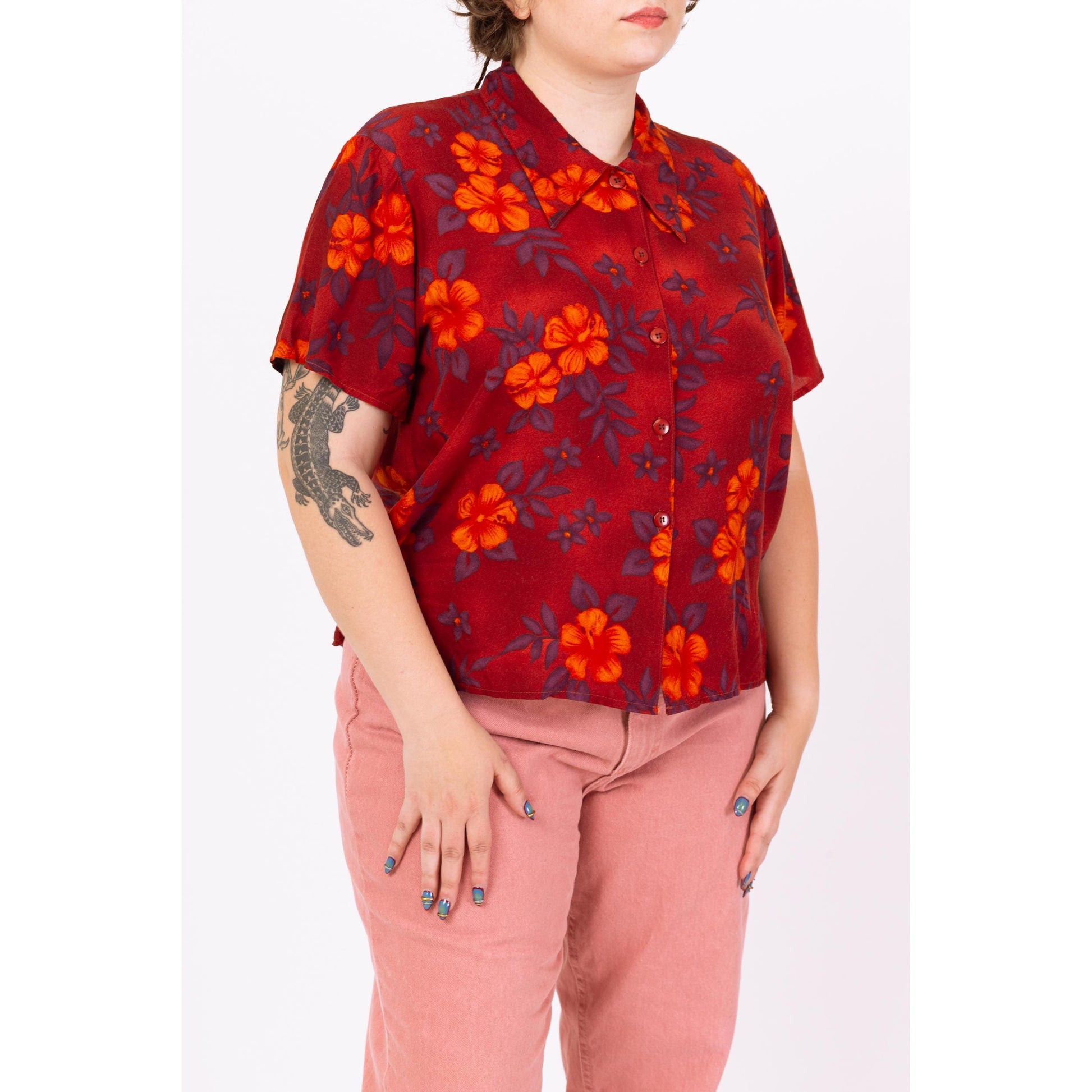 Vintage 90s Red Tropical Floral Soft Rayon Blouse - Extra Large | Short Sleeve Button Up Collared Top, Boho Hawaiian Aloha Shirt