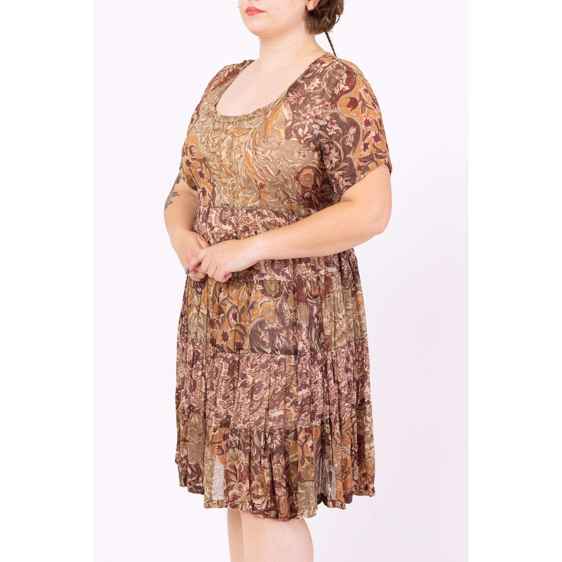 Vintage 90s Boho Earth Tone Floral Babydoll Dress - Large | Brown Gauzy Rayon Summer Sundress, Half Sleeve Tie Back Midi Dress