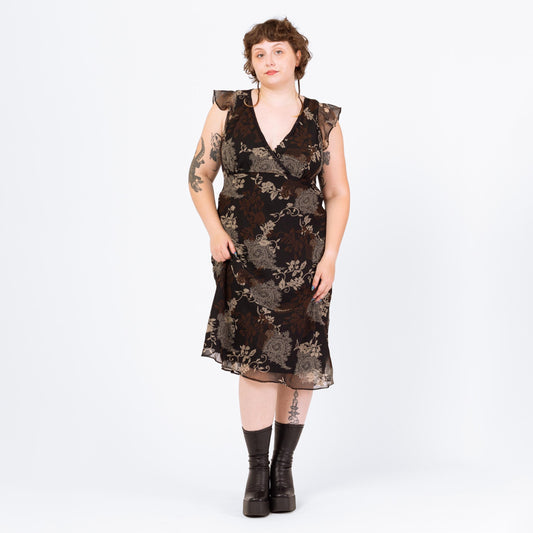 Vintage 90s Black Floral Bias Cut Midi Dress - 1X | Boho Flutter Sleeve Slinky Plus Size Sundress
