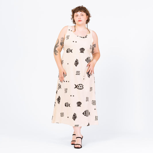 Vintage 90s Batik Tropical Fish Print Maxi Dress - Large | Boho Sleeveless Linen Blend Tie Back Beach Vacation Sundress