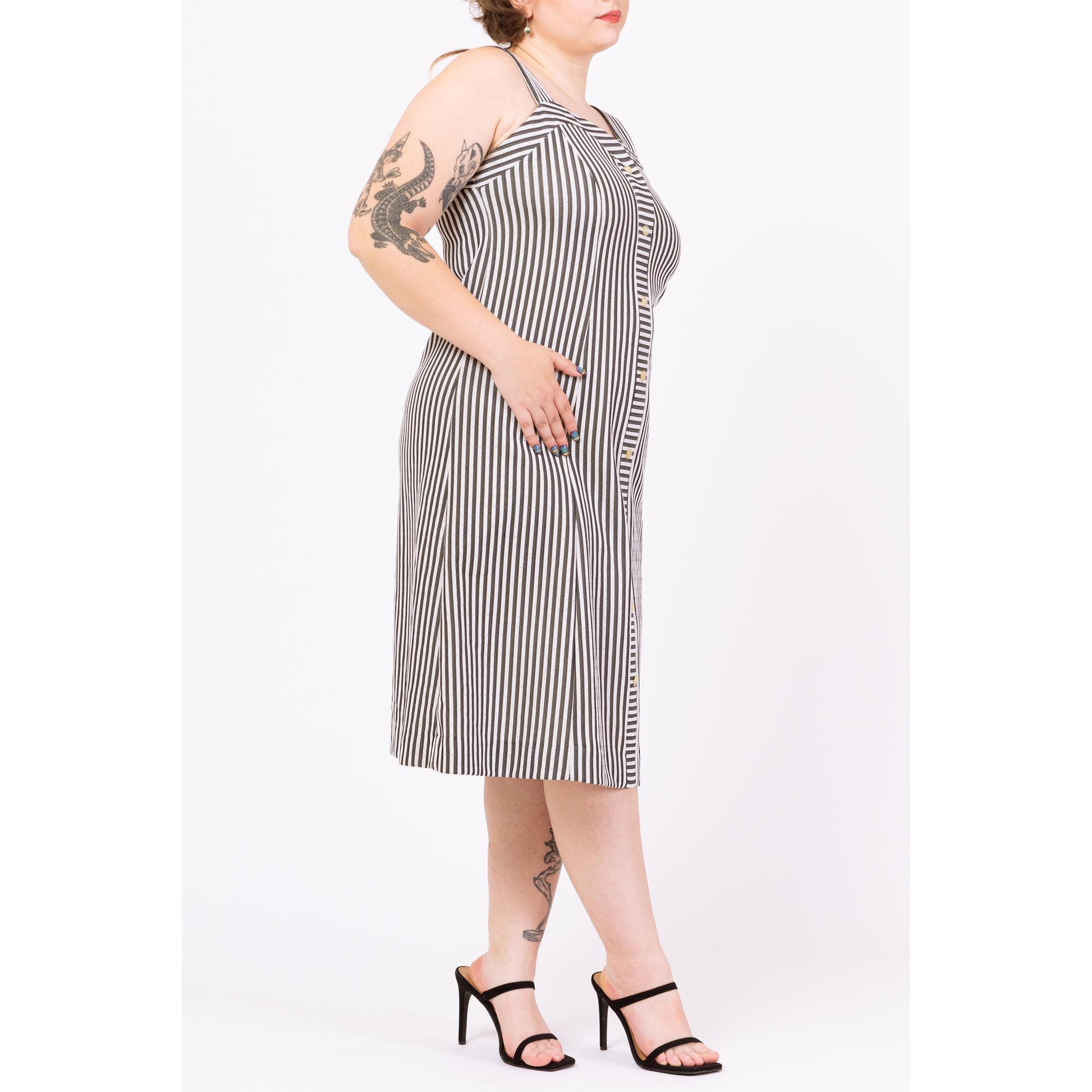 Vintage 70s Black & White Striped Midi Dress - Large | Retro Sleeveless Sweetheart Neck A Line Button Up Sundress