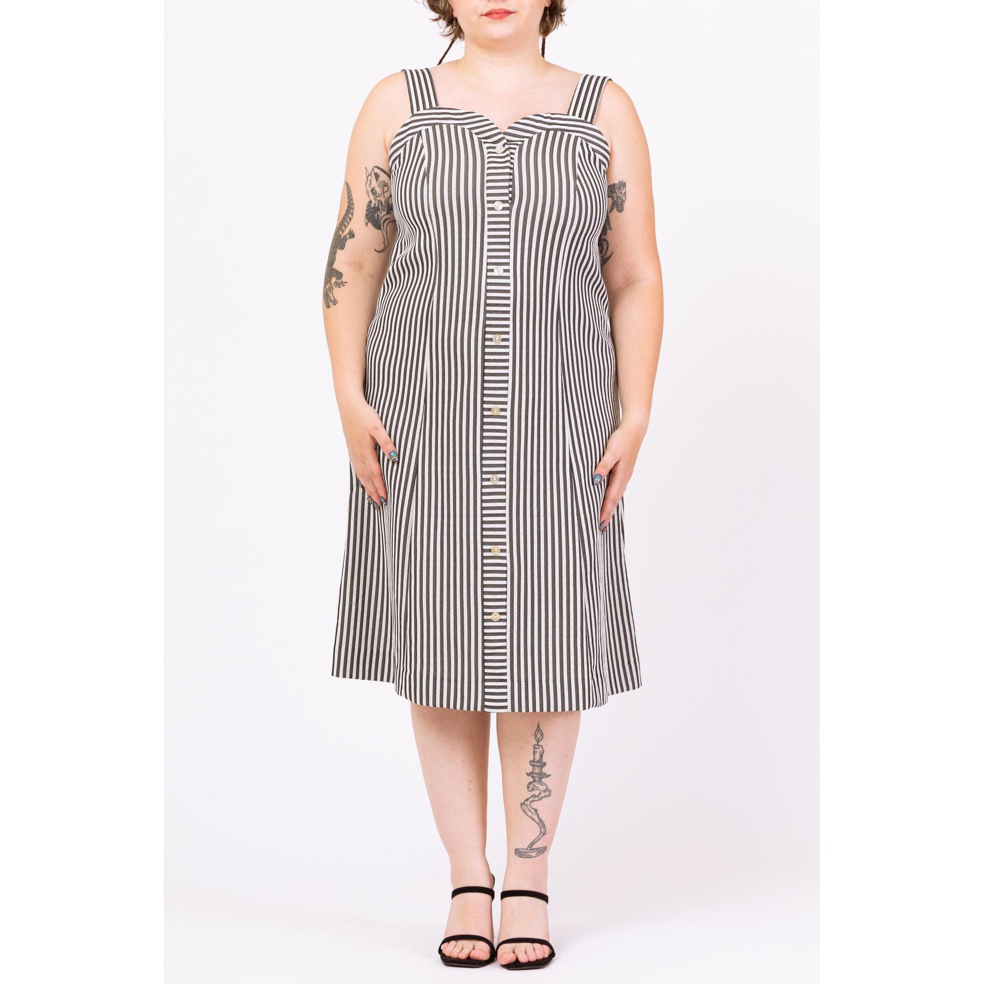 Vintage 70s Black & White Striped Midi Dress - Large | Retro Sleeveless Sweetheart Neck A Line Button Up Sundress