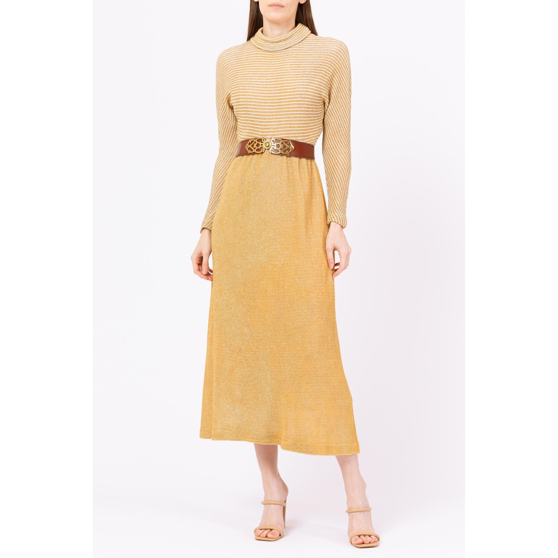 Vintage 70s Gold Lurex Knit Maxi Hostess Dress - Small | Metallic Long Dolman Sleeve Formal Disco Party Dress