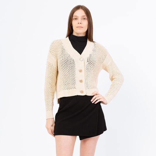 Vintage Y2K Cream Crochet Knit Cardigan - Small to Medium | Minimalist Cropped Button Up Open Weave Lightweight Sweater