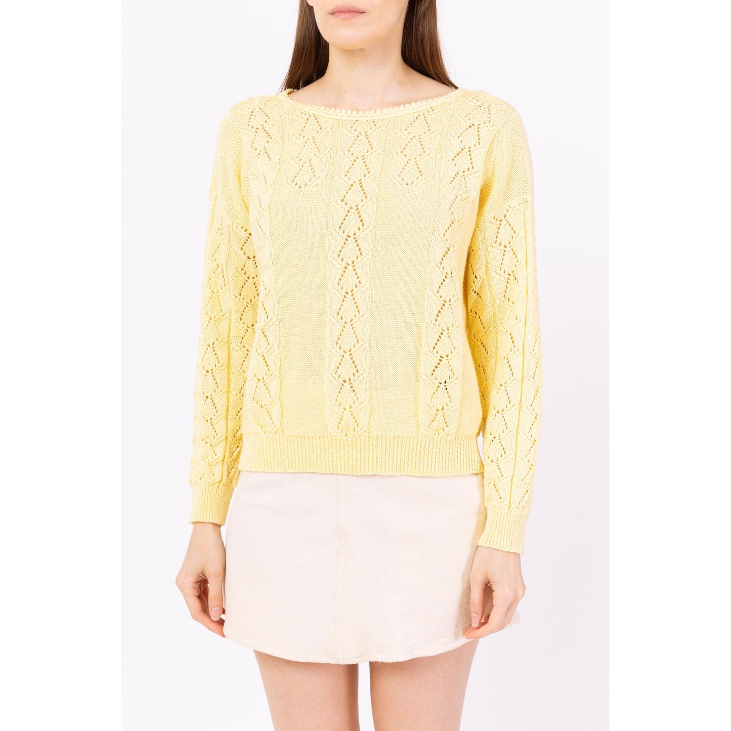Vintage 70s Butter Yellow Eyelet Knit Sweater - Medium | Boho Lightweight Knit Pullover, Cottagecore Pastel Spring Sweater