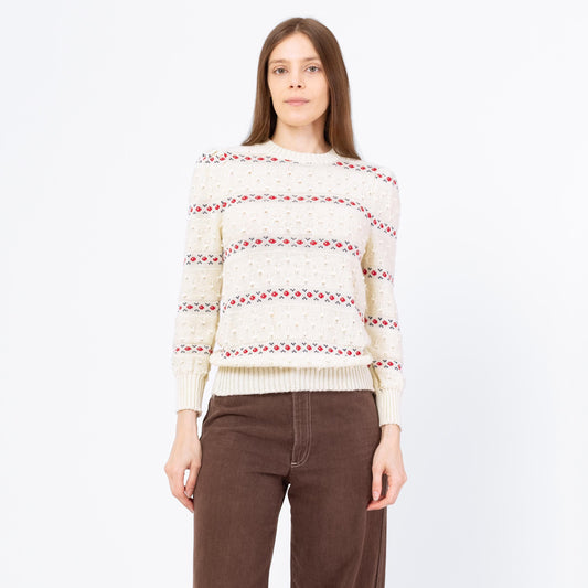 Vintage 70s White Floral Popcorn Knit Fair Isle Sweater - Small | Boho Cottagecore Pullover, Lightweight Puff Sleeve Striped Sweater