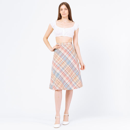 Vintage 70s Pastel Plaid Schoolgirl Midi Skirt - Extra Small, 23" Waist | Preppy Light Academia Outfit, A Line High Waisted Wool Knit Skirt