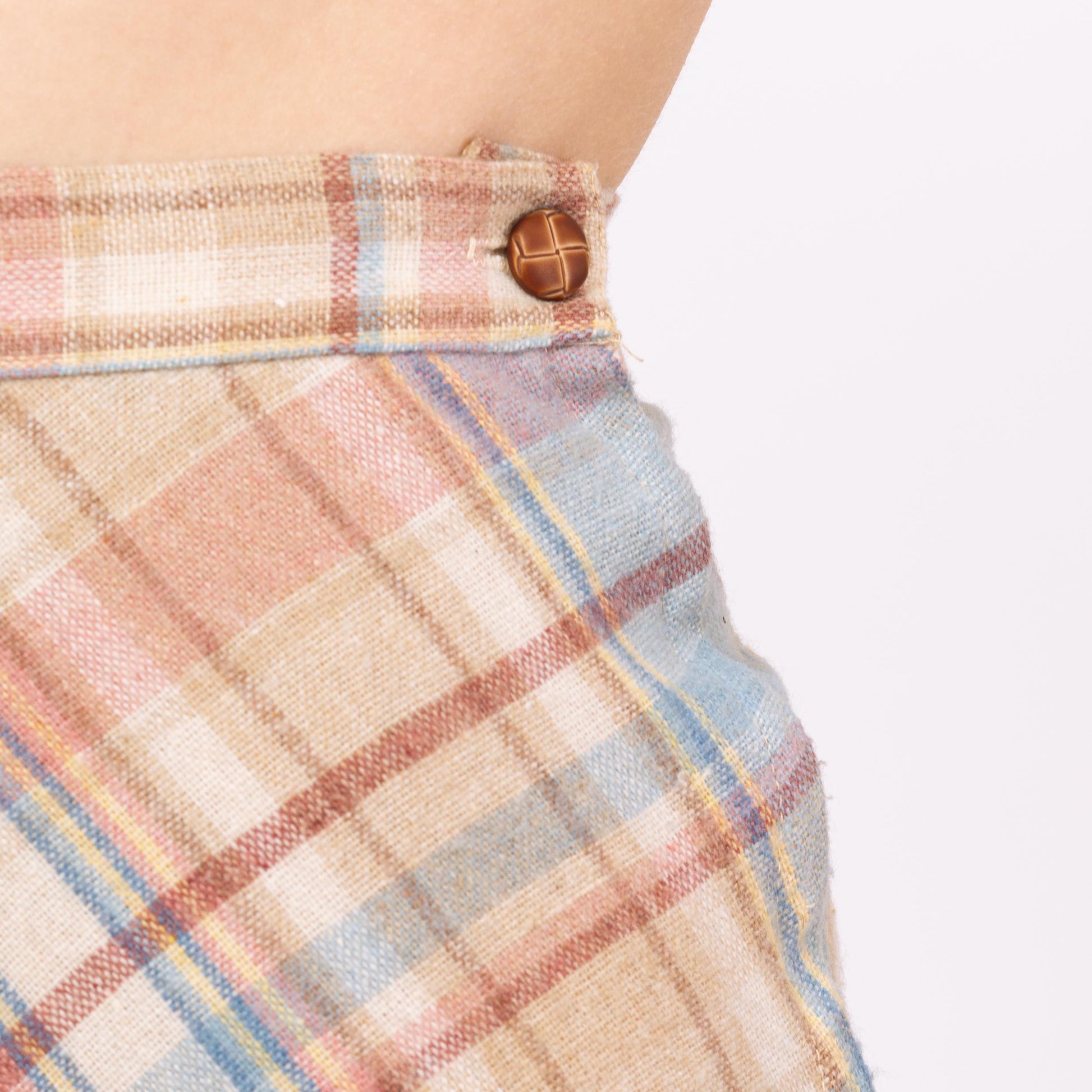 Vintage 70s Pastel Plaid Schoolgirl Midi Skirt - Extra Small, 23" Waist | Preppy Light Academia Outfit, A Line High Waisted Wool Knit Skirt