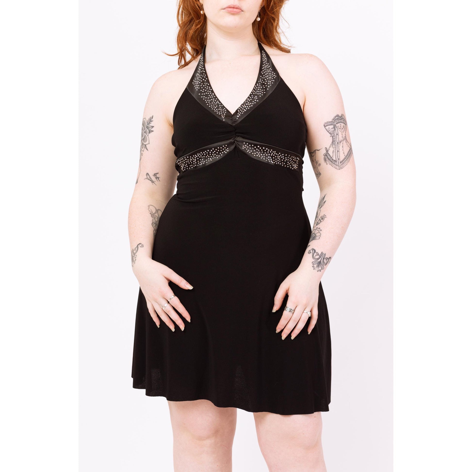 Vintage Y2K Black Studded Halter Mini Dress - Medium | Rhinestone Satin Trim Party Dress, 2000s Club Outfit