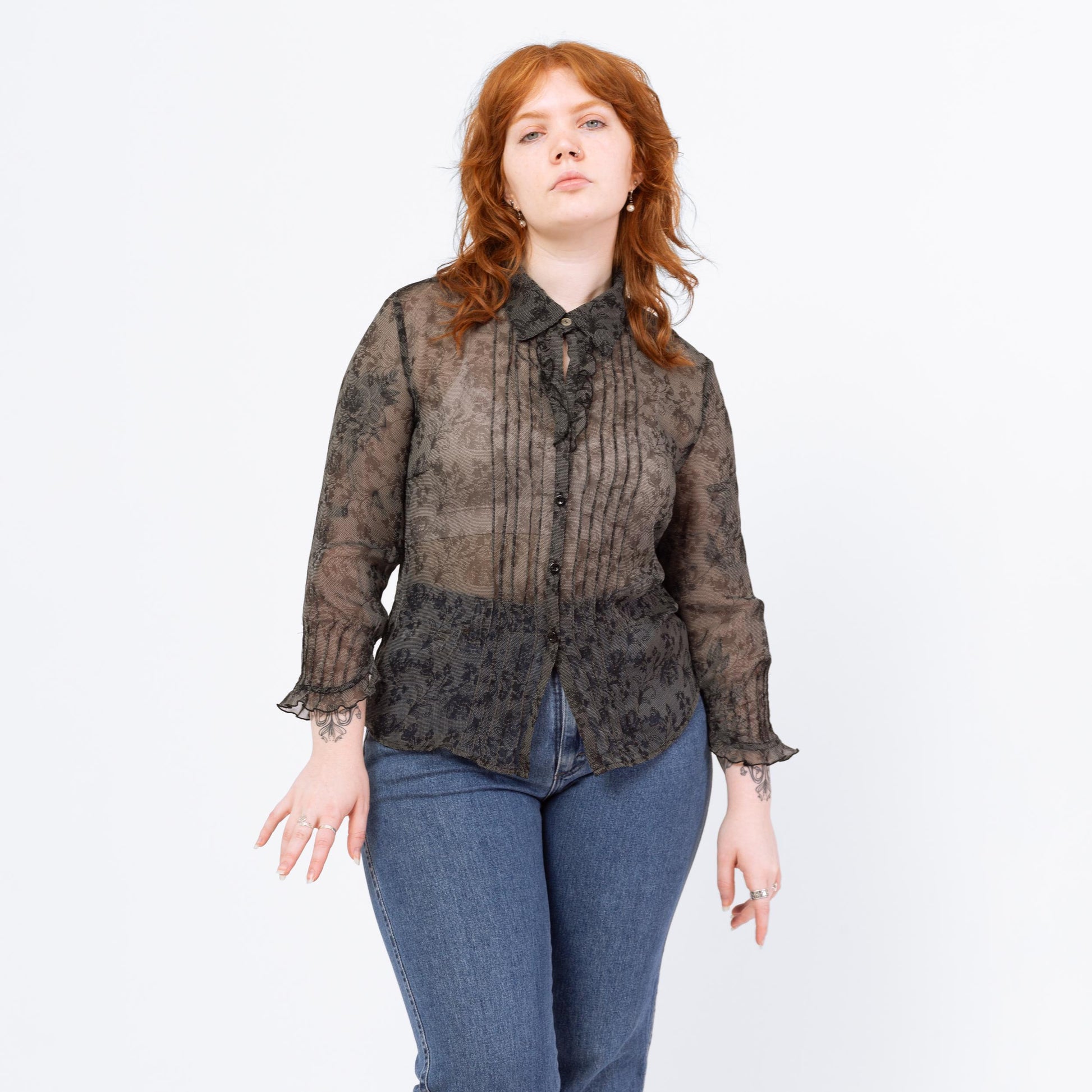 Vintage 90s Sheer Black Lace Print Blouse - Large | Floral Collared Top, Victorian Gothic Long Sleeve Shirt