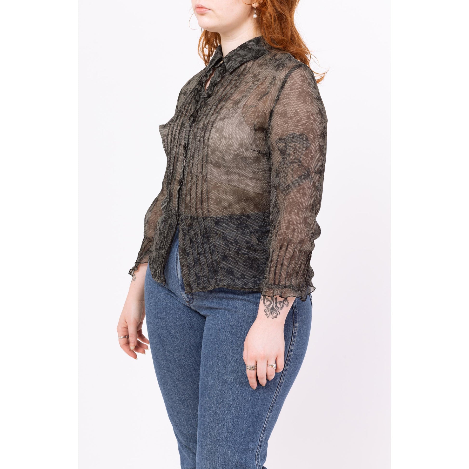 Vintage 90s Sheer Black Lace Print Blouse - Large | Floral Collared Top, Victorian Gothic Long Sleeve Shirt