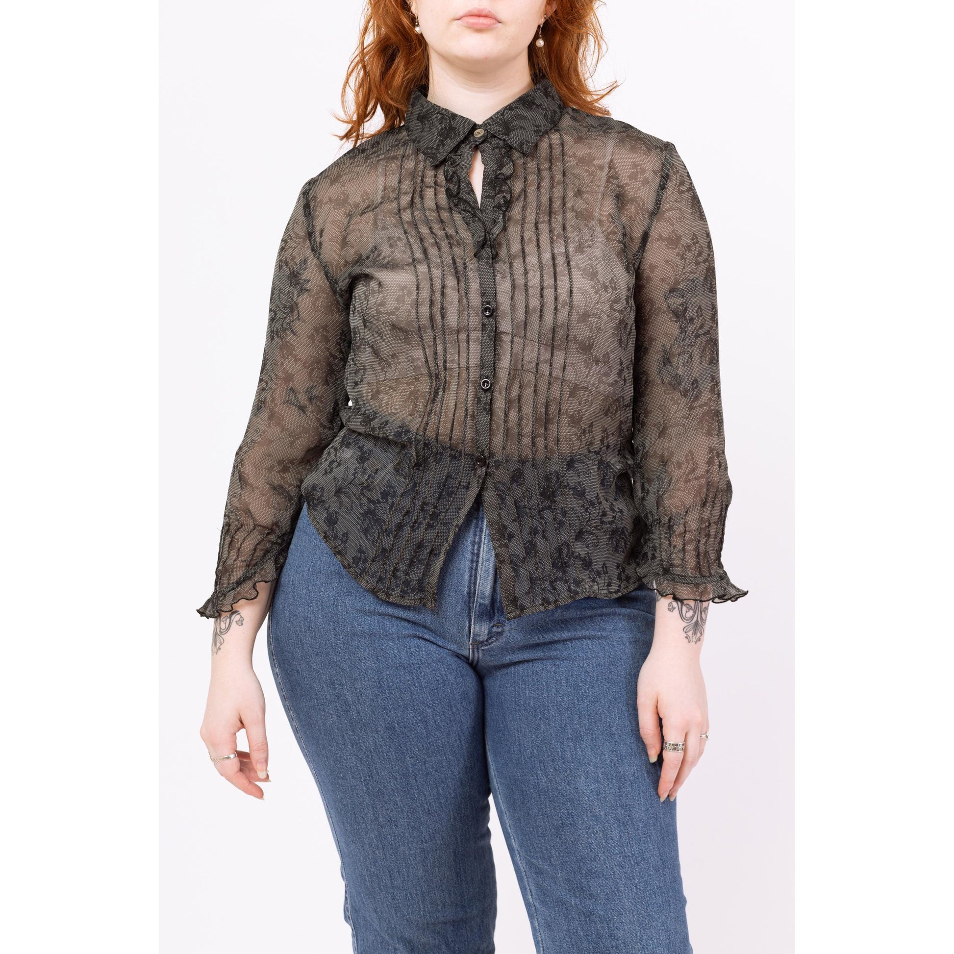 Vintage 90s Sheer Black Lace Print Blouse - Large | Floral Collared Top, Victorian Gothic Long Sleeve Shirt