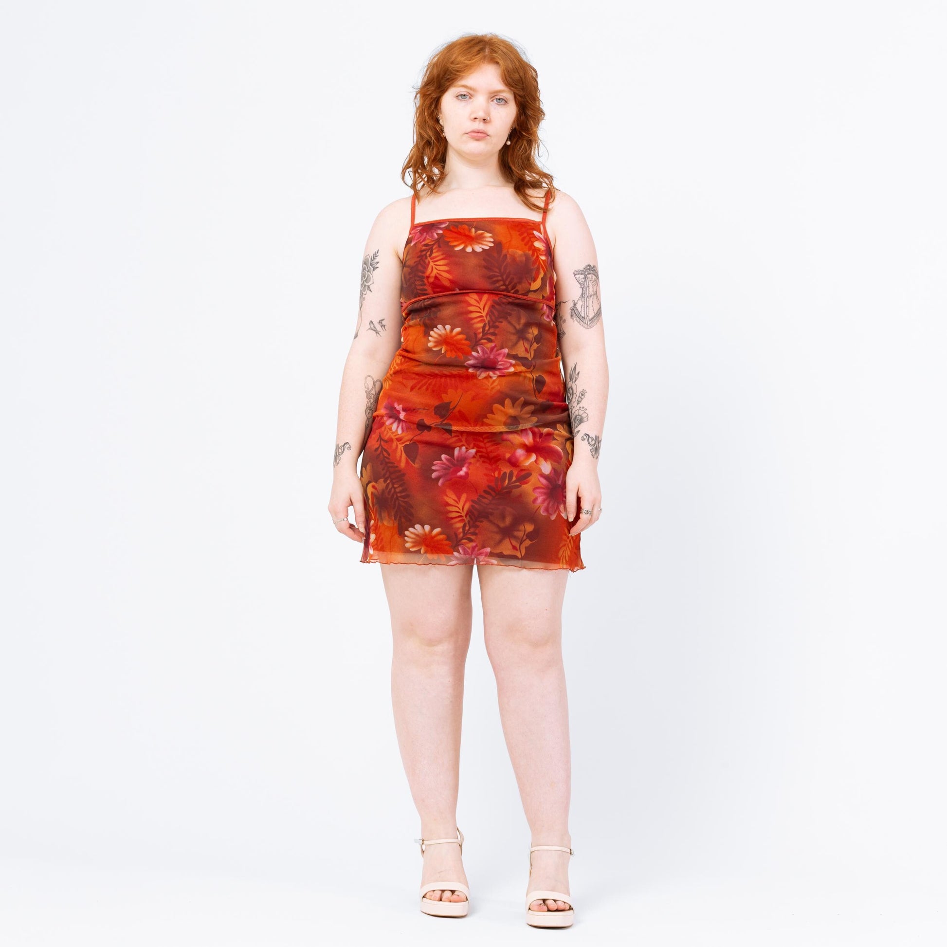 Vintage 90s Sunset Floral Mesh Mini Dress - Medium Flying Apple Vintage Vintage 90s Sunset Floral Mesh Mini Dress - Medium Flying Apple Vintage