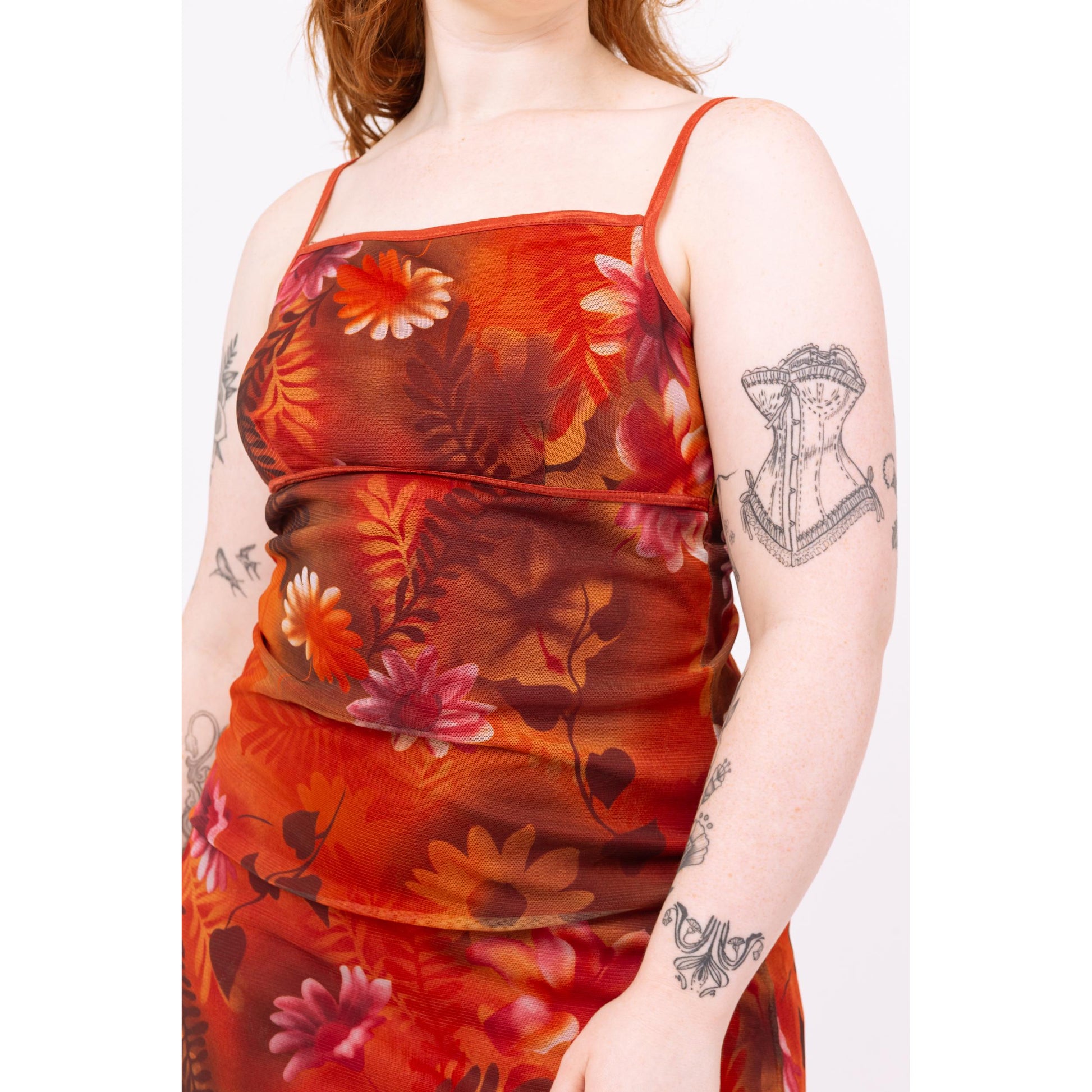 Vintage 90s Sunset Floral Mesh Mini Dress - Medium Flying Apple Vintage Vintage 90s Sunset Floral Mesh Mini Dress - Medium Flying Apple Vintage