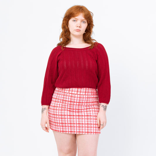 Vintage 90s Wine Red Chevron Pointelle Knit Cropped Sweater - Medium to Large | Maroon Cotton Cropped Boatneck 3/4 Sleeve Pullover