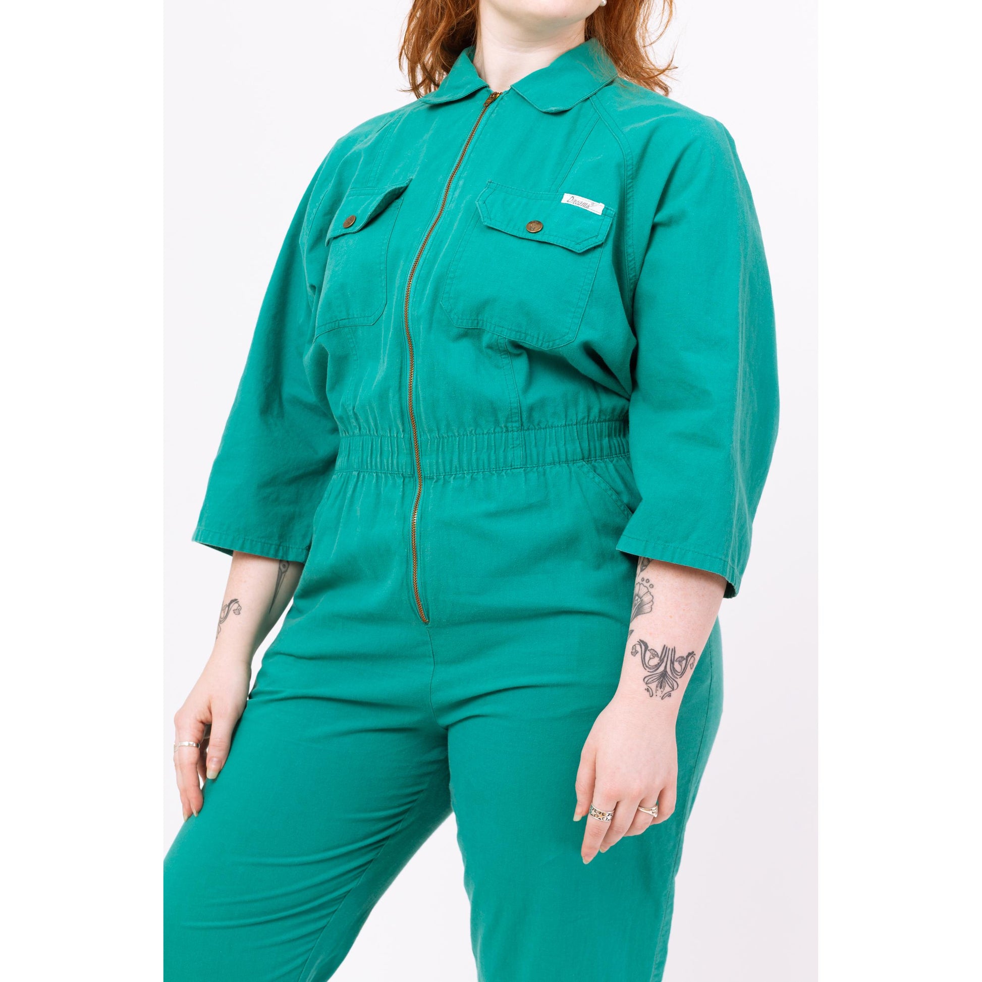 Vintage 80s Teal Green Coverall Jumpsuit - Medium to Large | Zip Up Utility Workwear 3/4 Sleeve Boiler Suit One Piece Outfit