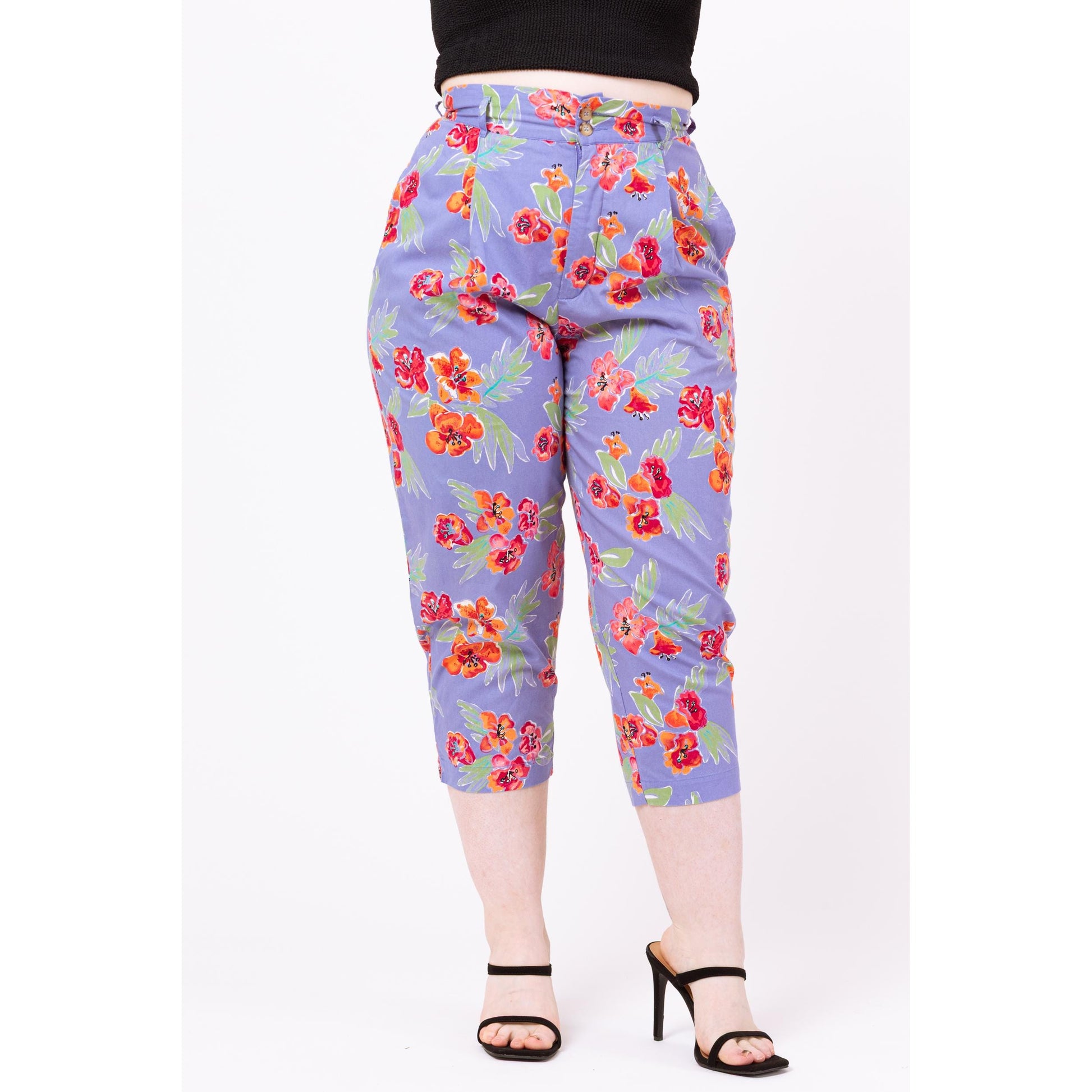 Vintage 90s Esprit Purple Floral Capri Pants - Large, 31" Waist | High Waisted Cropped Trousers, Tapered Leg Retro Summer Pants