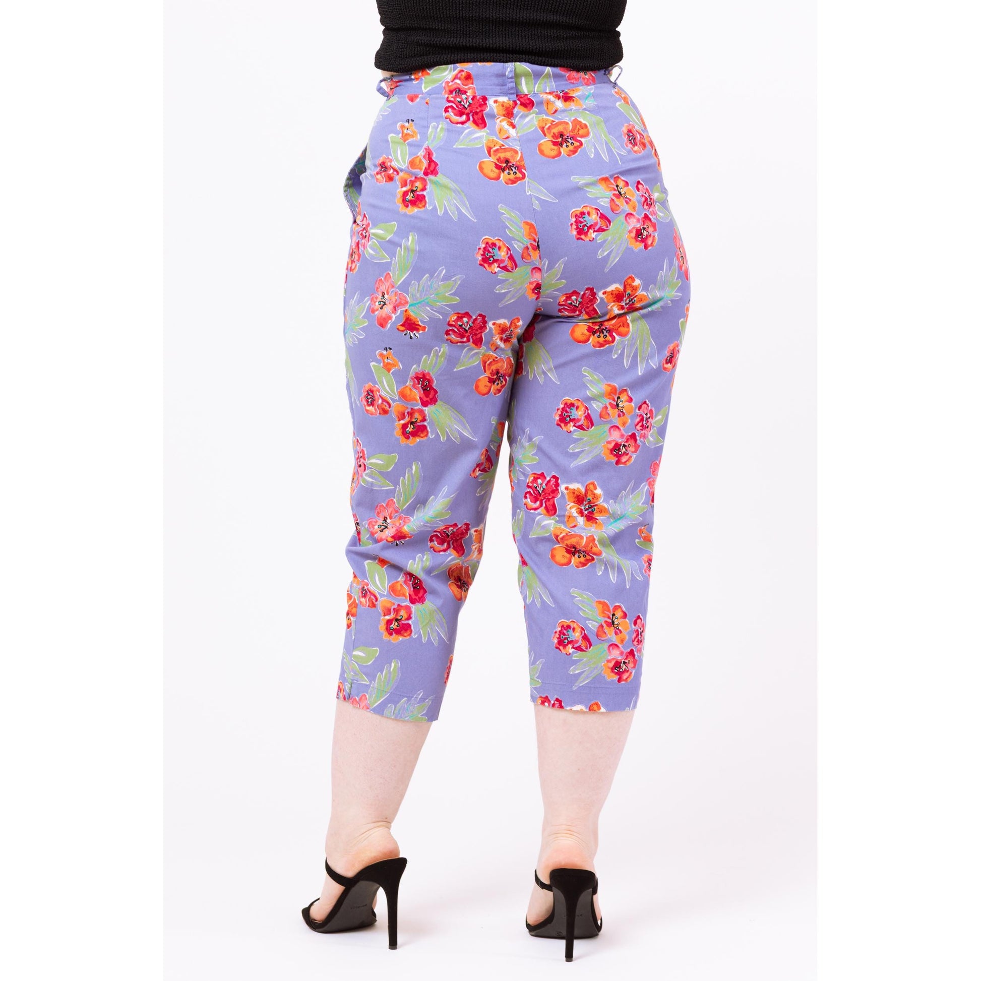 Vintage 90s Esprit Purple Floral Capri Pants - Large, 31" Waist | High Waisted Cropped Trousers, Tapered Leg Retro Summer Pants