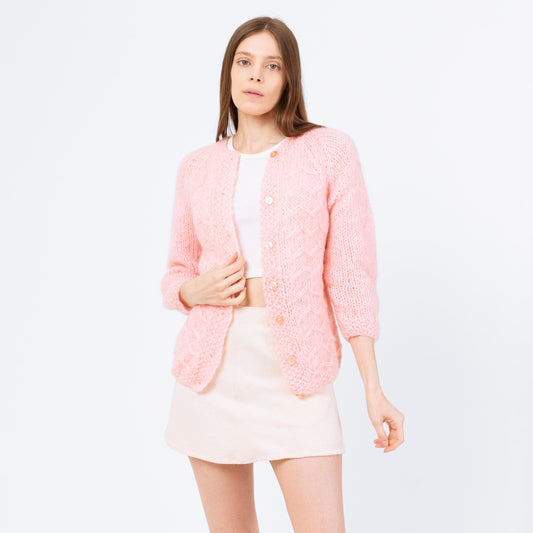 Vintage 60s Pastel Pink Mohair Knit Cardigan - Extra Small | Soft Girl Coquette Aesthetic, Light Pink Fuzzy Cable Knit Button Up Sweater