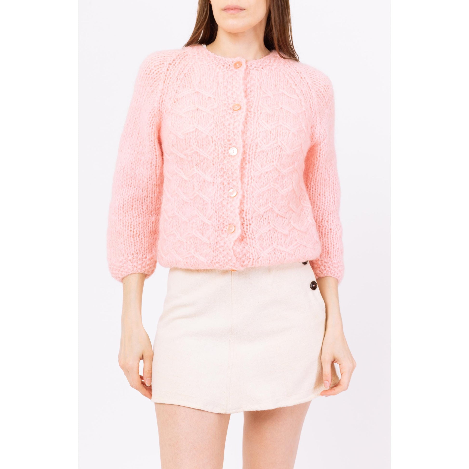 Vintage 60s Pastel Pink Mohair Knit Cardigan - Extra Small | Soft Girl Coquette Aesthetic, Light Pink Fuzzy Cable Knit Button Up Sweater