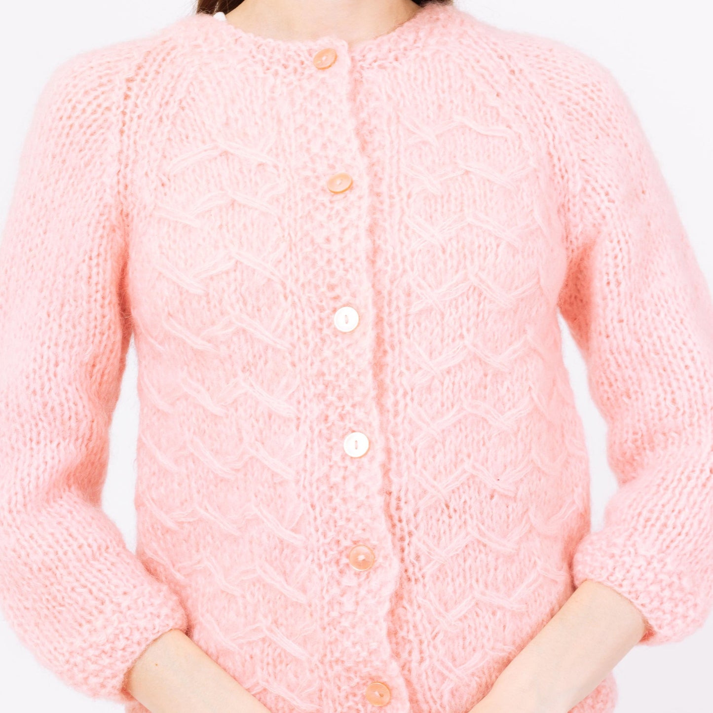 Vintage 60s Pastel Pink Mohair Knit Cardigan - Extra Small | Soft Girl Coquette Aesthetic, Light Pink Fuzzy Cable Knit Button Up Sweater